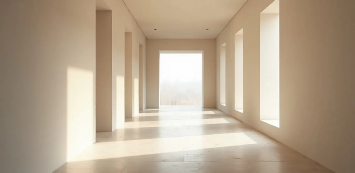 A plastered corridor lit by tall vertical window slots, ending in a full-height opening onto open land.